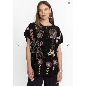 Johnny Was Bellania Poncho Womens Medium Silk Black Floral Embroidered Blouse